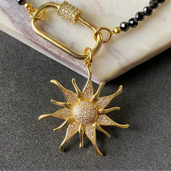 Sun Necklace CZ Gold Pendant and Black Tourmaline Choker Carabiner front Clasp - Picture 2 of 4